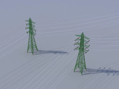 Road Infrastructure Featuring Green Electricity Pylons With Power Lines And Shadows 3d model