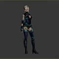 Game Movie Character With Blonde Hair Dark Green Blue Tight Outfit Wrist Guards Long Boots