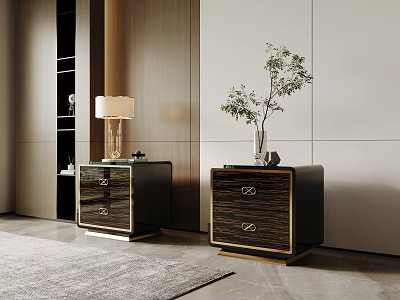 Modern Dark Wooden Nightstands with Gold Accents Drawers Table Lamp Green Plant by Modern Wall 3d model