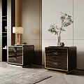 Modern Dark Wooden Nightstands with Gold Accents Drawers Table Lamp Green Plant by Modern Wall