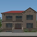 Two Story Detached Villa With Red Roof Beige Exterior Double Doors Steps And Green Plants