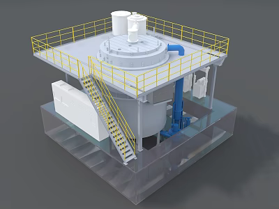 Industrial Storage Tank With Platform Yellow Railings Staircase White Containers And Blue Pipes 3d model