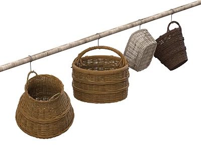 Woven Baskets Hanging On Wooden Pole For Storage And Decoration 3d model
