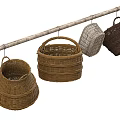 Woven Baskets Hanging On Wooden Pole For Storage And Decoration