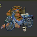 Vintage Blue Motorcycle With Orange Container Tools White Bucket And Wooden Boxes