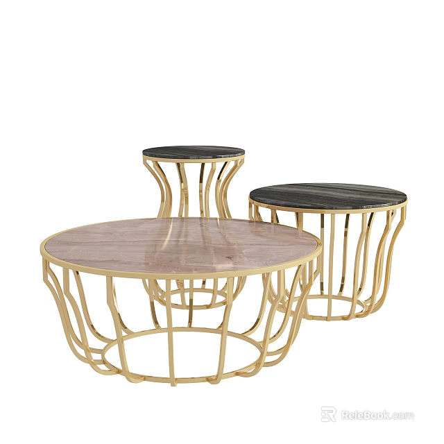 Modern Coffee Tables With Golden Frame And Black Pink Marble Tops 3d model 