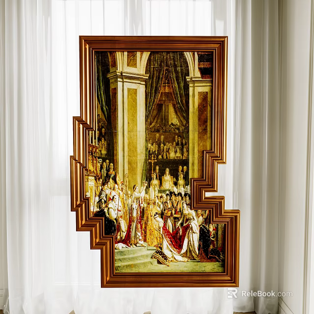 Classical Oil Painting In Golden Frame Depicting Figures Columns Drapery Hanging With White Curtains 3d model 