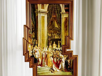 Classical Oil Painting In Golden Frame Depicting Figures Columns Drapery Hanging With White Curtains 3d model