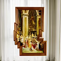 Classical Oil Painting In Golden Frame Depicting Figures Columns Drapery Hanging With White Curtains