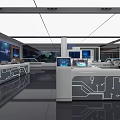 Modern Exhibition Hall Interior With Large Screens Display Counters And LOGO Sign