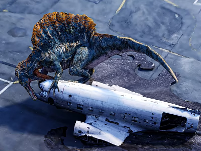 Massive Dinosaur Attacking Crashed Airplane On Tarmac With Wreckage Debris 3d model