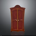 Red Double Door Cabinet With Ornate Carved Top And Decorative Details On Wheels