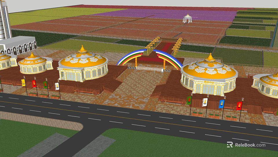 Scenic Landscape Featuring Yellow Domed Buildings Rainbow Arch And Road Near Colorful Fields 3d model 