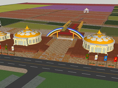 Scenic Landscape Featuring Yellow Domed Buildings Rainbow Arch And Road Near Colorful Fields 3d model
