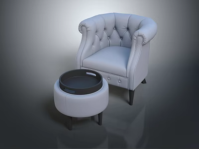 Elegant Tufted Accent Chair with Rounded Armrests Dark Wooden Legs and Matching Round Ottoman 3d model