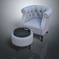 Elegant Tufted Accent Chair with Rounded Armrests Dark Wooden Legs and Matching Round Ottoman