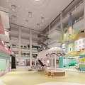 Vibrant Shopping Mall Atrium with Colorful Building Structures Escalators and Ceiling Lights 3d model