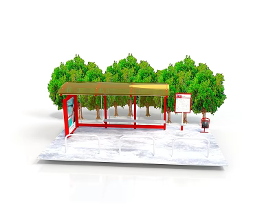 Bus Stop Shelter With Golden Roof Red Frame Green Trees Information Board And Trash Can 3d model