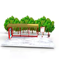 Bus Stop Shelter With Golden Roof Red Frame Green Trees Information Board And Trash Can