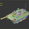 Green Armored Military Tank with Long Cannon Tracks Antenna and Reflective Surface