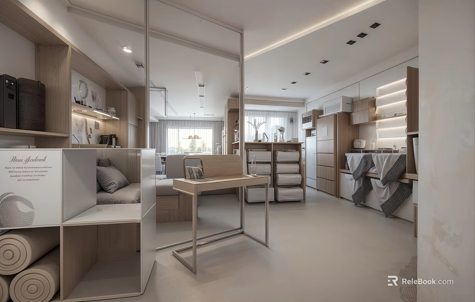 Modern Mall Shop Interior With Wooden Display Shelves And Furniture 3d model 