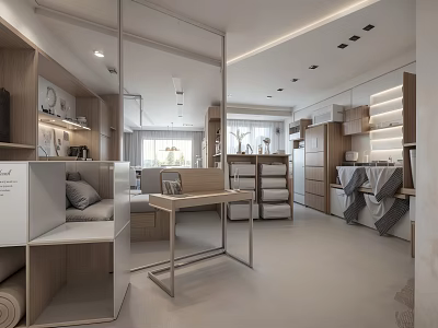 Modern Mall Shop Interior With Wooden Display Shelves And Furniture 3d model