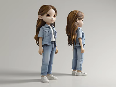 Long Haired Woman Doll In Blue Denim Jacket Jeans And White Shoes With Gray Background 3d model
