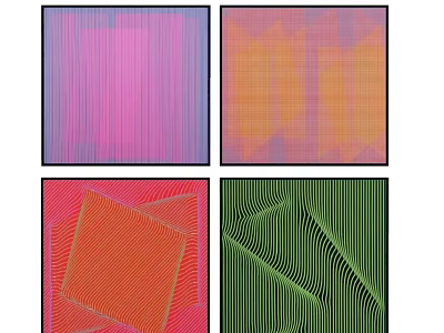 Modern Abstract Paintings With Purple Pink Vertical Stripes Orange Geometric Patterns And Green Wavy Lines 3d model