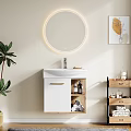 Bathroom Vanity Interior With Round Illuminated Mirror White Cabinet Wooden Shelf And Green Plant
