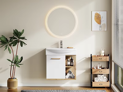 Bathroom Vanity Interior With Round Illuminated Mirror White Cabinet Wooden Shelf And Green Plant 3d model