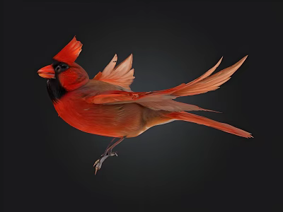 Red Cardinal with Vibrant Red Plumage Black Facial Markings and Spread Wings against Dark Background 3d model