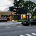Modern Detached Villa Exterior With Black Sports Car Trees And Garage Lights