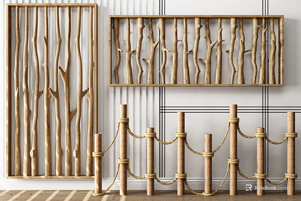 Wooden Fence Designs With Vertical Slat Panels And Rope Bound Posts 3d model 