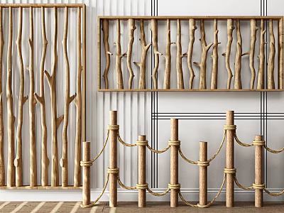 Wooden Fence Designs With Vertical Slat Panels And Rope Bound Posts 3d model