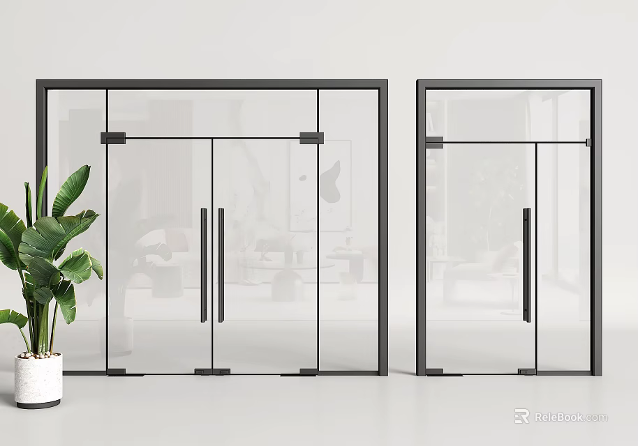 Modern Glass Doors With Black Frames And Green Plant In Interior 3d model 