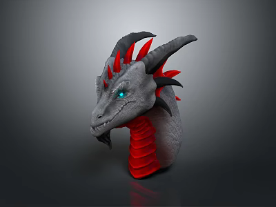 Gray Dragon Head Featuring Red Neck Horns Spikes And Blue Eyes 3d model
