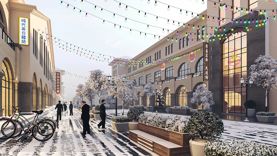 Snow Covered Commercial Street With Colorful String Lights Pedestrians Bicycle And Arched Window Buildings 3d model 
