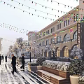 Snow Covered Commercial Street With Colorful String Lights Pedestrians Bicycle And Arched Window Buildings
