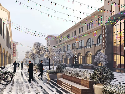 Snow Covered Commercial Street With Colorful String Lights Pedestrians Bicycle And Arched Window Buildings 3d model