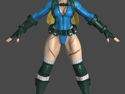 Female Character In Blue Bodysuit With Green Armor Yellow Backpack And Muscular Build 3d model