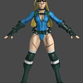 Female Character In Blue Bodysuit With Green Armor Yellow Backpack And Muscular Build