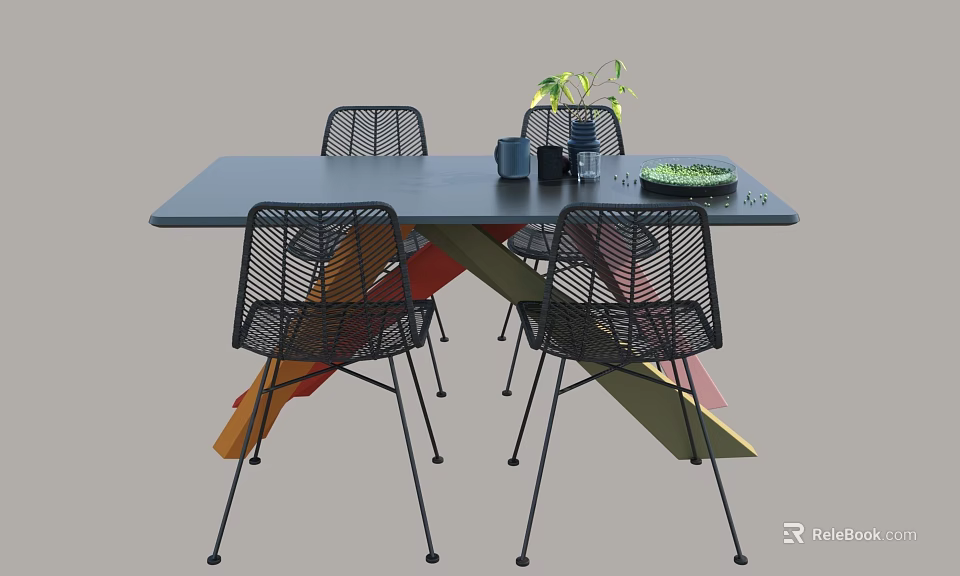 Black Dining Table Set Featuring Colorful Cross Legs Black Rattan Chairs and Green Plant Decor 3d model 