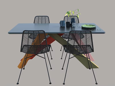 Black Dining Table Set Featuring Colorful Cross Legs Black Rattan Chairs and Green Plant Decor 3d model