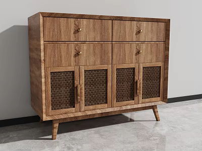 Wooden Dresser With Drawers And Rattan Panel Cabinet Doors On Slim Wooden Legs 3d model