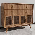 Wooden Dresser With Drawers And Rattan Panel Cabinet Doors On Slim Wooden Legs
