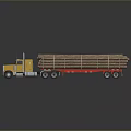 Yellow Heavy Duty Truck Transporting Loaded Logs On Red Trailer