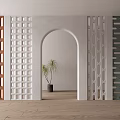 Colorful Patterned Room Dividers With Arch Design And Indoor Plant On Wooden Floor