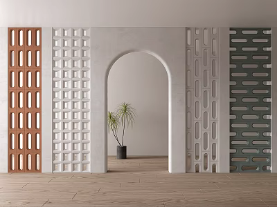 Colorful Patterned Room Dividers With Arch Design And Indoor Plant On Wooden Floor 3d model