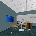 Cozy Lounge Area With Light Blue Walls White Whiteboard Blue Screen And Light Brown Chairs