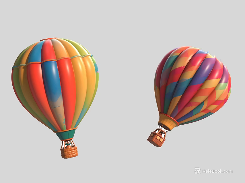 Vibrant Colorful Hot Air Balloons With Red Yellow Blue Purple Patterns And Wicker Baskets 3d model 